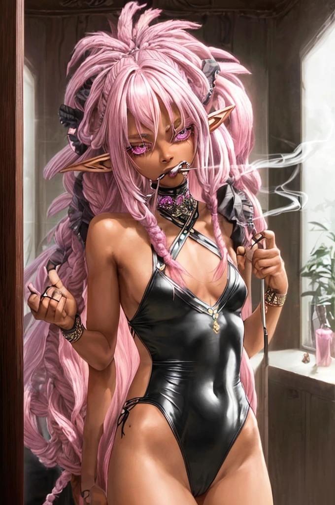 (solo:2, black skin 1000 yo cool elf, Dreadlocks:1.4 pink hair long hair, sexy silver eyes, smoking Cigarette in mouth, glossy lips, serious face, blushing), (in a detailed sexy Cross string swimsuit), break, in the castle Dressing room, BREAK, perfect anatomy, masterpiece, best quality, 16k, beautiful detailed grow, daydreaming expression.