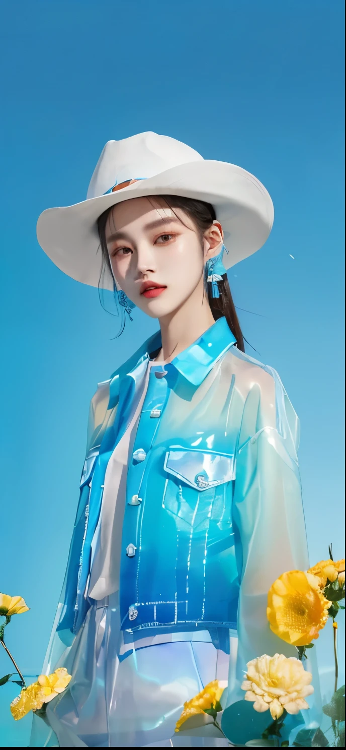 arafed image of a woman wearing a hat and a blue jacket, yanjun chengt, blue transparent jelly, Neon blue, inspired by Yanjun Cheng, Wear translucent sheets, 2020 fashion, sha xi, cai xukun, Gradient light blue, Inspired by Russell Dongjun Lu, Wearing teal clothes, Smooth after rain
