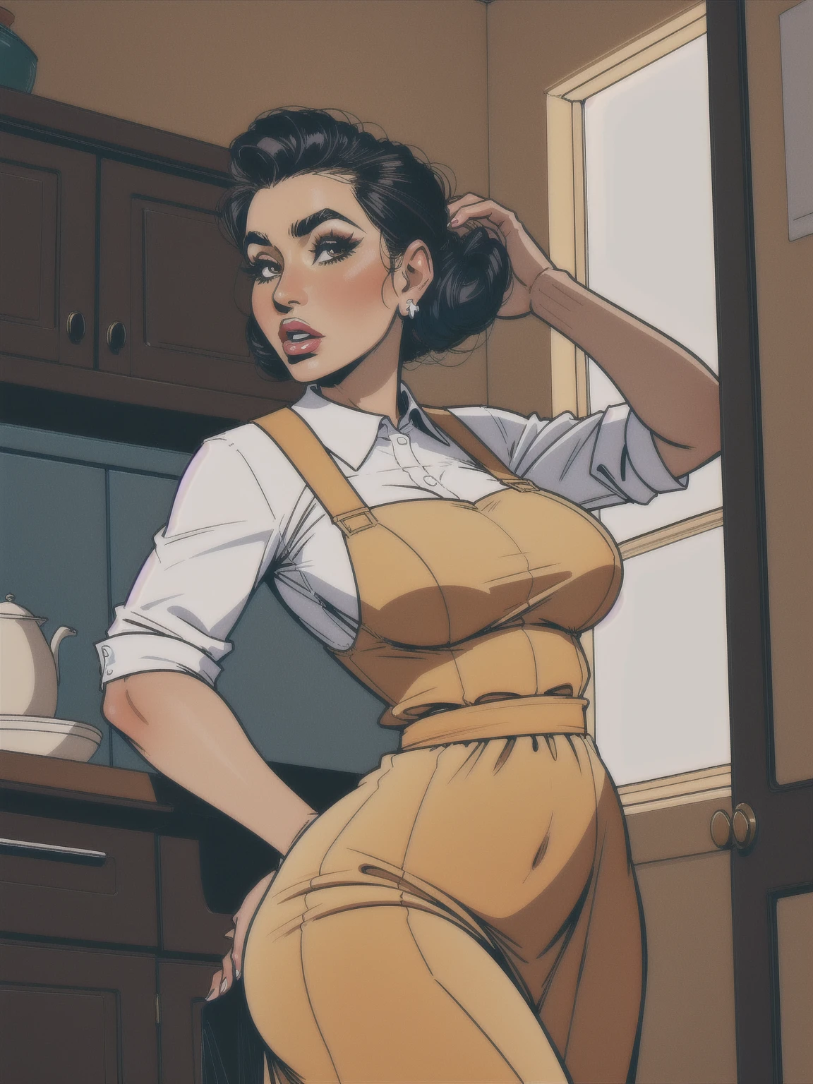 mature woman, retro, warm retro colors, wearing dress and apron standing in kitchen, large breasts, black hair, updo, makeup, looking down at viewer, from below, extremely low angle,incase