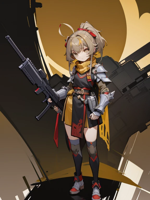 Full body concept art of a young girl with messy medium-length black and yellow hair, Grey Eyes, Red scarf, Black sci-fi armor with yellow patterns, Yellow skirt with black check pattern, White assault rifle and thigh-high stockings; Video game style background