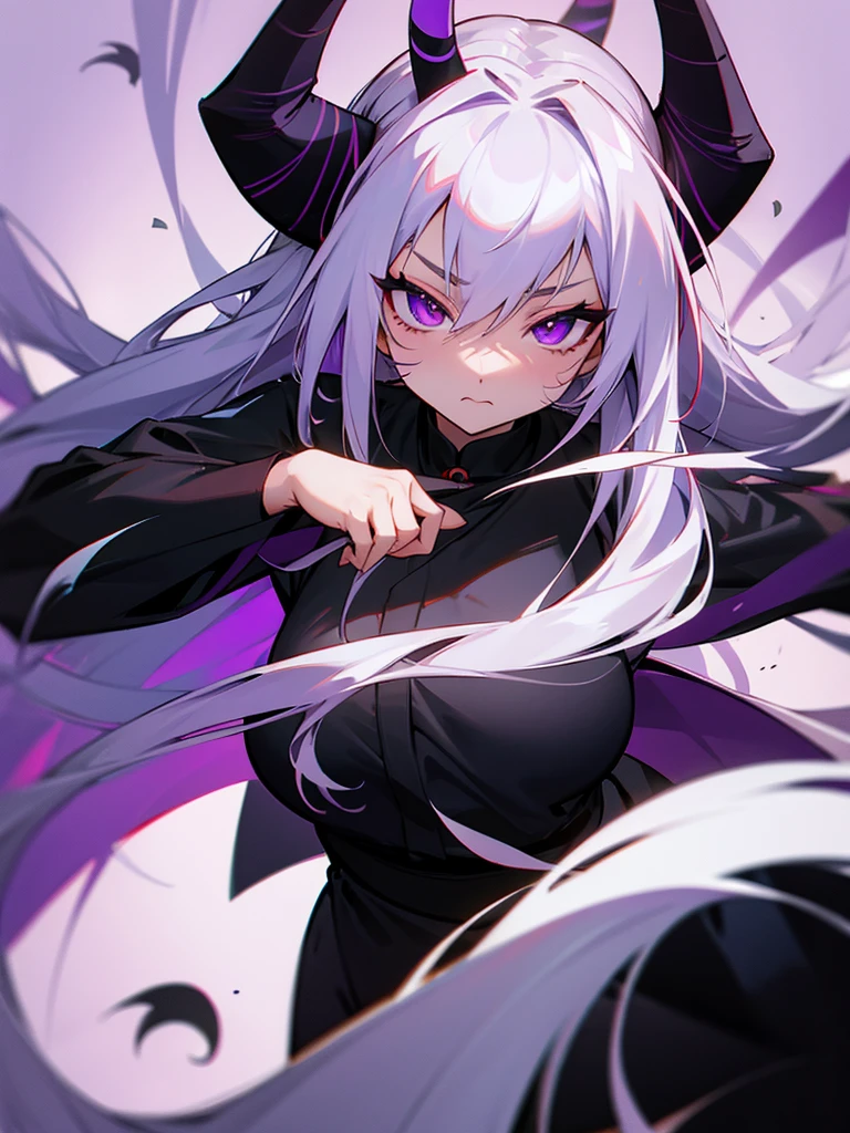 Yin Yang Black Ninja Long Silver Hair Demon Horns Purple Eyes