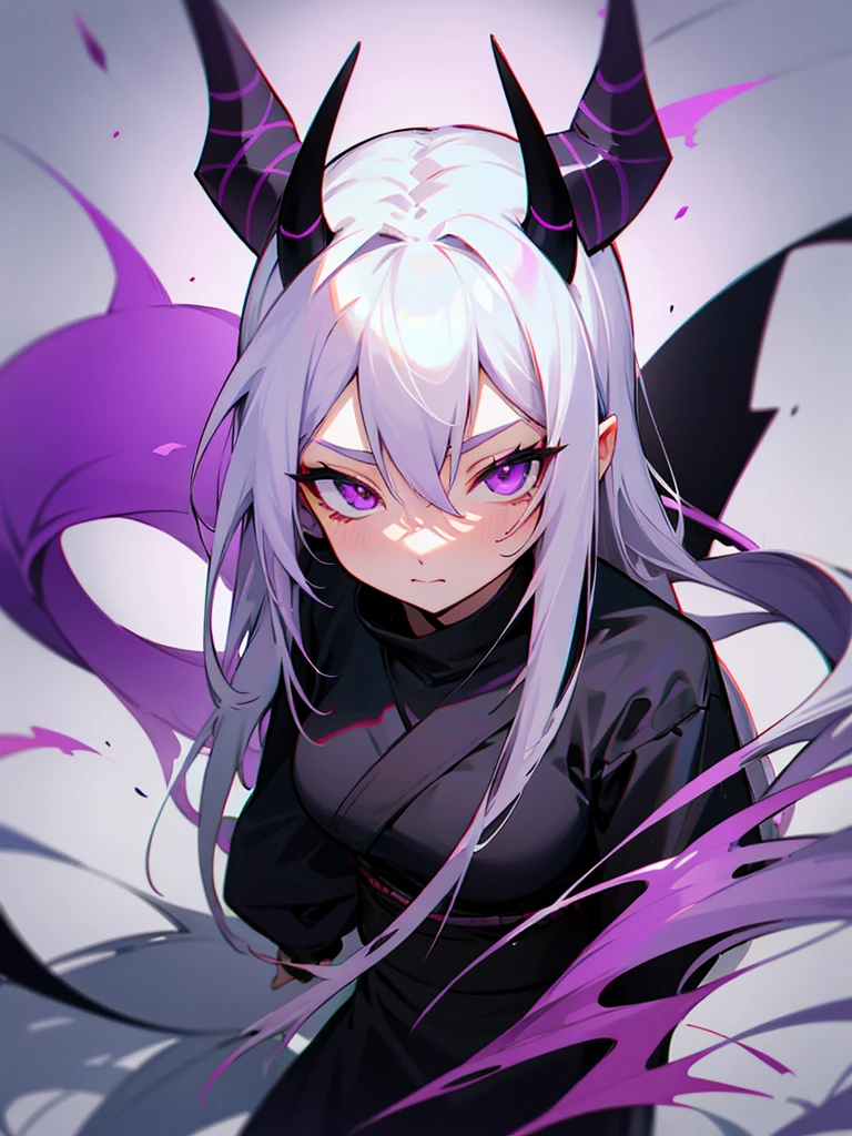 Yin Yang Black Ninja Long Silver Hair Demon Horns Purple Eyes