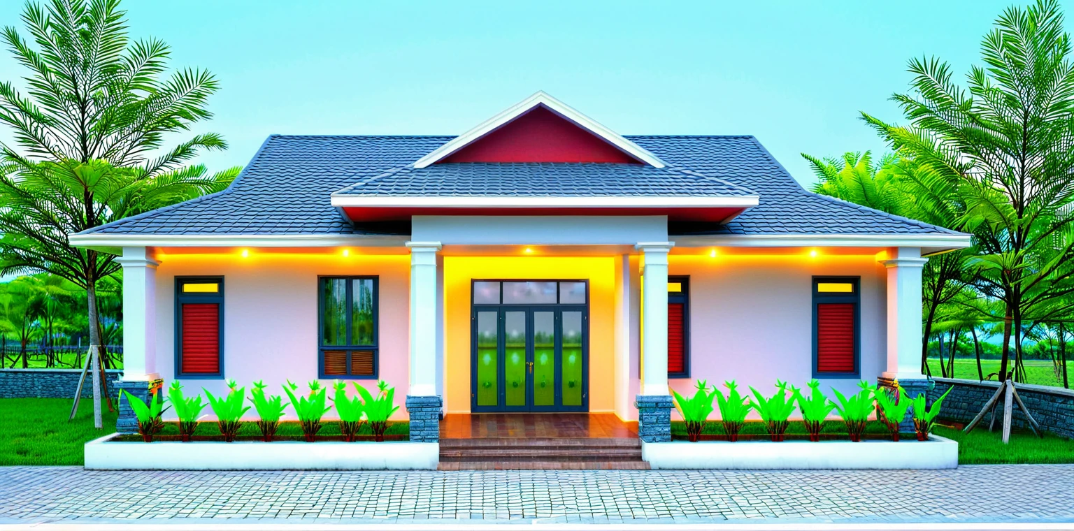 1-STORY HOUSE, COVERED ROOF, TROPICAL ARCHITECTURAL STYLE, COUNTRY SCENE. THE FRONT OF THERE IS A WIDE YARD AND MANY GREEN TREES. LIGHT COLOR WALLS OF THE HOUSE, STONE TAILING ON THE WALLS. RED TILE. DARK DOOR.
EXTRACT SUPER REALISTIC IMAGES, HD IMAGES