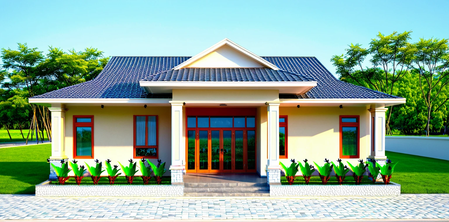 1-STORY HOUSE, COVERED ROOF, TROPICAL ARCHITECTURAL STYLE, COUNTRY SCENE. THE FRONT OF THERE IS A WIDE YARD AND MANY GREEN TREES. LIGHT COLOR WALLS OF THE HOUSE, STONE TAILING ON THE WALLS. RED TILE. DARK DOOR.
EXTRACT SUPER REALISTIC IMAGES, HD IMAGES