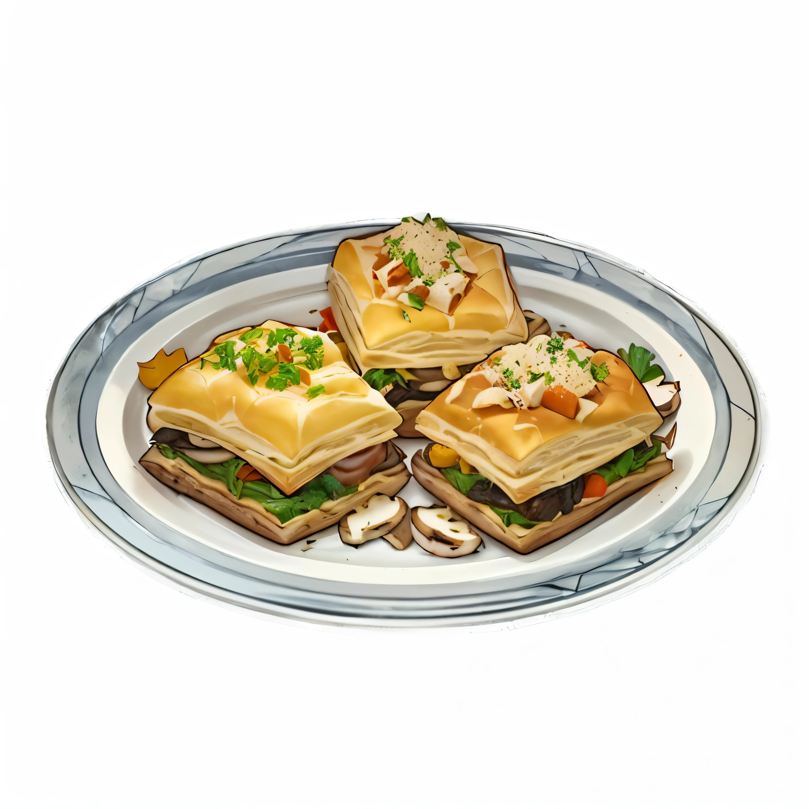 There are four pieces of food on the plate on the table, ❤🔥🍄🌪, serve on a plate, Official Art, Frozen meat on plate, 🚿🗝📝, Offer a plate of food, made in illustrator, Drawn image, Tartakovsky, Anime Food, Medium Polyester, 🔞🤡, recipe, Ottoman miniature style