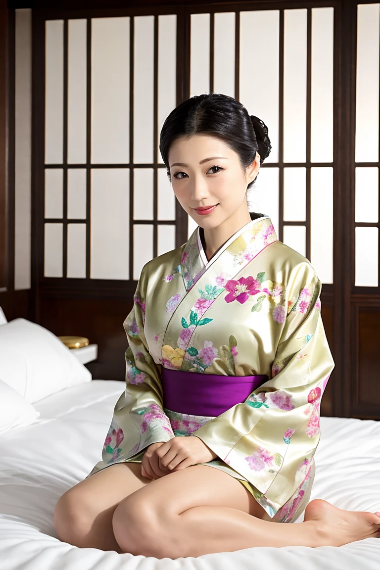 (Highest quality、Tabletop、8K、Best image quality、Award-winning works)、(1 Beautiful Mature Woman:1.1)、(Innkeeper:1.1)、(Elegant floral kimono:1.2)、(A kimono with a perfect and accurate collar:1.2)、Perfect Mature Woman Portrait Photo、Glowing Skin、Standing Elegantly、Glowing White Skin、Very white skin、(Accentuate your body lines:1.1)、(The most elegant posture:1.2)、(Large Breasts:1.2)、(Chignon:1.2)、(Accurate anatomy:1.2)、(Staring at me:1.5)、(Sit elegantly on a luxury hotel bed:1.4)