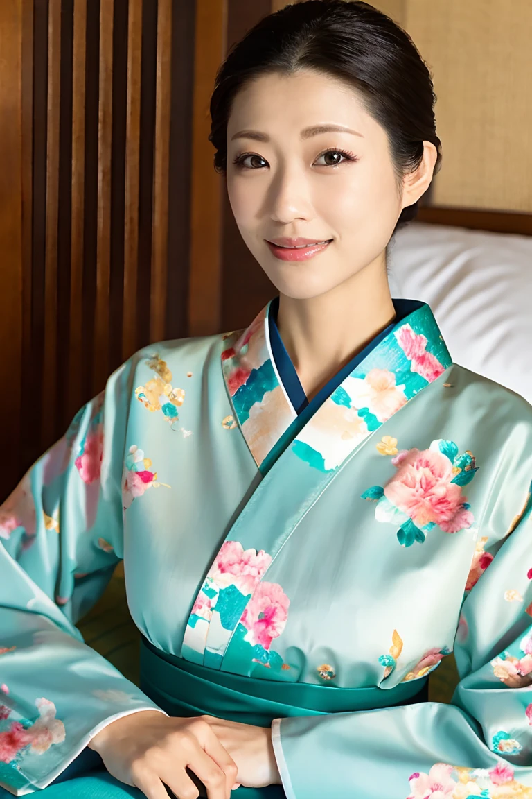 (Highest quality、Tabletop、8K、Best image quality、Award-winning works)、(1 Beautiful Mature Woman:1.1)、(Innkeeper:1.1)、(Elegant floral kimono:1.2)、(A kimono with a perfect and accurate collar:1.2)、Perfect Mature Woman Portrait Photo、Glowing Skin、Standing Elegantly、Glowing White Skin、Very white skin、(Accentuate your body lines:1.1)、(The most elegant posture:1.2)、(Large Breasts:1.2)、(Chignon:1.2)、(Accurate anatomy:1.2)、(Staring at me:1.5)、(Sit elegantly on a luxury hotel bed:1.4)