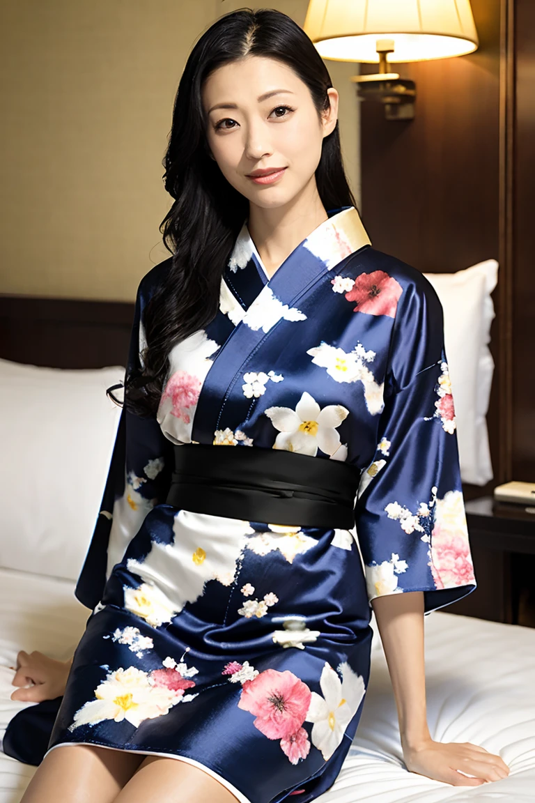 (Highest quality、Tabletop、8K、Best image quality、Award-winning works)、(1 Beautiful Mature Woman:1.1)、(Innkeeper:1.1)、(Elegant floral kimono:1.2)、(A kimono with a perfect and accurate collar:1.2)、Perfect Mature Woman Portrait Photo、Glowing Skin、Standing Elegantly、Glowing White Skin、Very white skin、(Accentuate your body lines:1.1)、(The most elegant posture:1.2)、(Large Breasts:1.2)、(Chignon:1.2)、(Accurate anatomy:1.2)、(Staring at me:1.5)、(Sit elegantly on a luxury hotel bed:1.4)