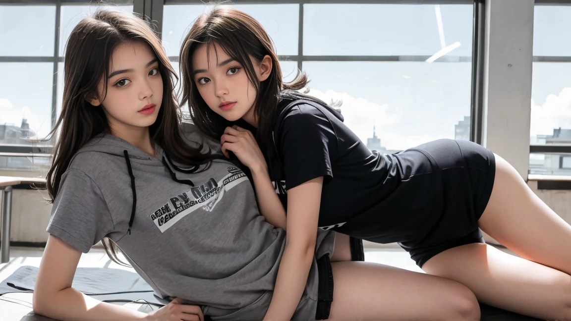 deux femmes ensemble de 18 ans sexy et mince , gray short sleeve hoodie , salle de classe, se touche,position sey,sensuel