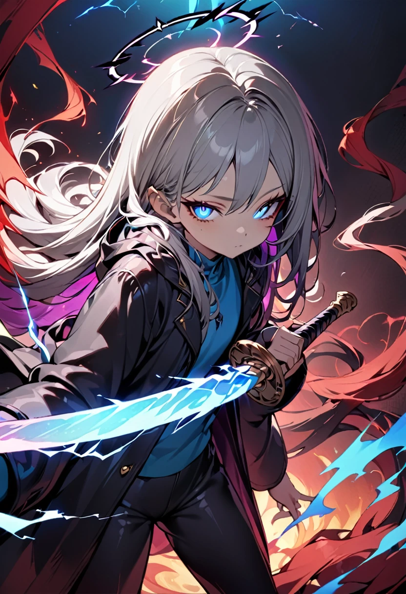 elementary, Shadow Surrounding Girl, lightning, Green Aura, Red aura, Purple aura, Flames surrounding the girl, masterpiece, Dark Theme, Highest quality, Maximum details, Very fine eye, Professional coloring, cinematic lightning, Remaining, Written boundary depth, Backlight, One Girl, Young girl, Silver Hair, Long Hair, Black glowing halo, Shining blue sea, Blue Flame, Fantasy style costumes, Black long coat, shirt, Black trousers, Swinging a thin black long sword, Expressionless, Purple left eye and blue right eye, Odd Eye, Glowing Eyes