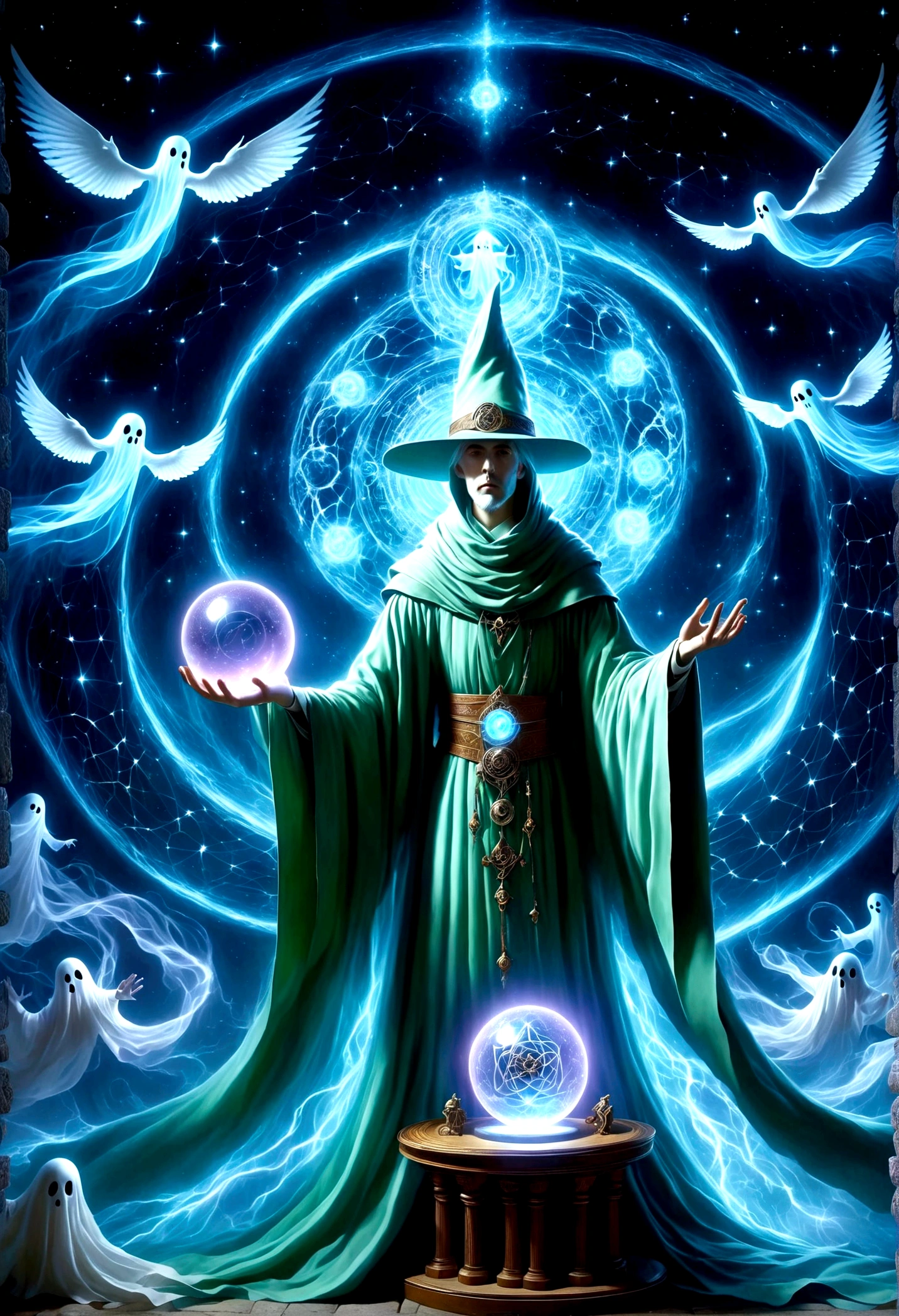 Magic Dream Castle, Sacred geometry, Be focused, (Floating Ghost Mage, Holding a magic ball in hand:1.5),Heaven and earth collapsed, Mobius strip, Black Hole, Lots of meteorites floating, Combination Magic Circle, call, Transformation of matter and immateriality, Who Dick, and other complex ritual combinations , Mike Winkelmann style的超现实数字艺术, 罗尔夫·阿姆斯特朗style: Fractal, Alberto Vargas, 和 H'style.R. liver. liver,Magical Realism,classical realism,Surrealism,imagination,Science fiction,From another realm,impossible,Visual exaggeration,Post-cyberpunk,Nano punk,Atomic Punch,collect,Circuit,lightpainting,白羊seat,♈︎,金牛seat,♉︎,双子seat. ♊︎,cancer,♋︎,天蝎seat,♏︎,天秤seat,♎︎,seat,♍︎,狮子seat,♌︎,射手seat,♐︎. 摩羯seat,♑︎,水瓶seat,♒︎,双鱼seat,♓︎,Unreal Engine,Octane RendeRing,V-Ray,High Detail,high quality,high resolution,Surrealism,16K,Ultra wide angle,High Angle Shot,,Bioluminescence,