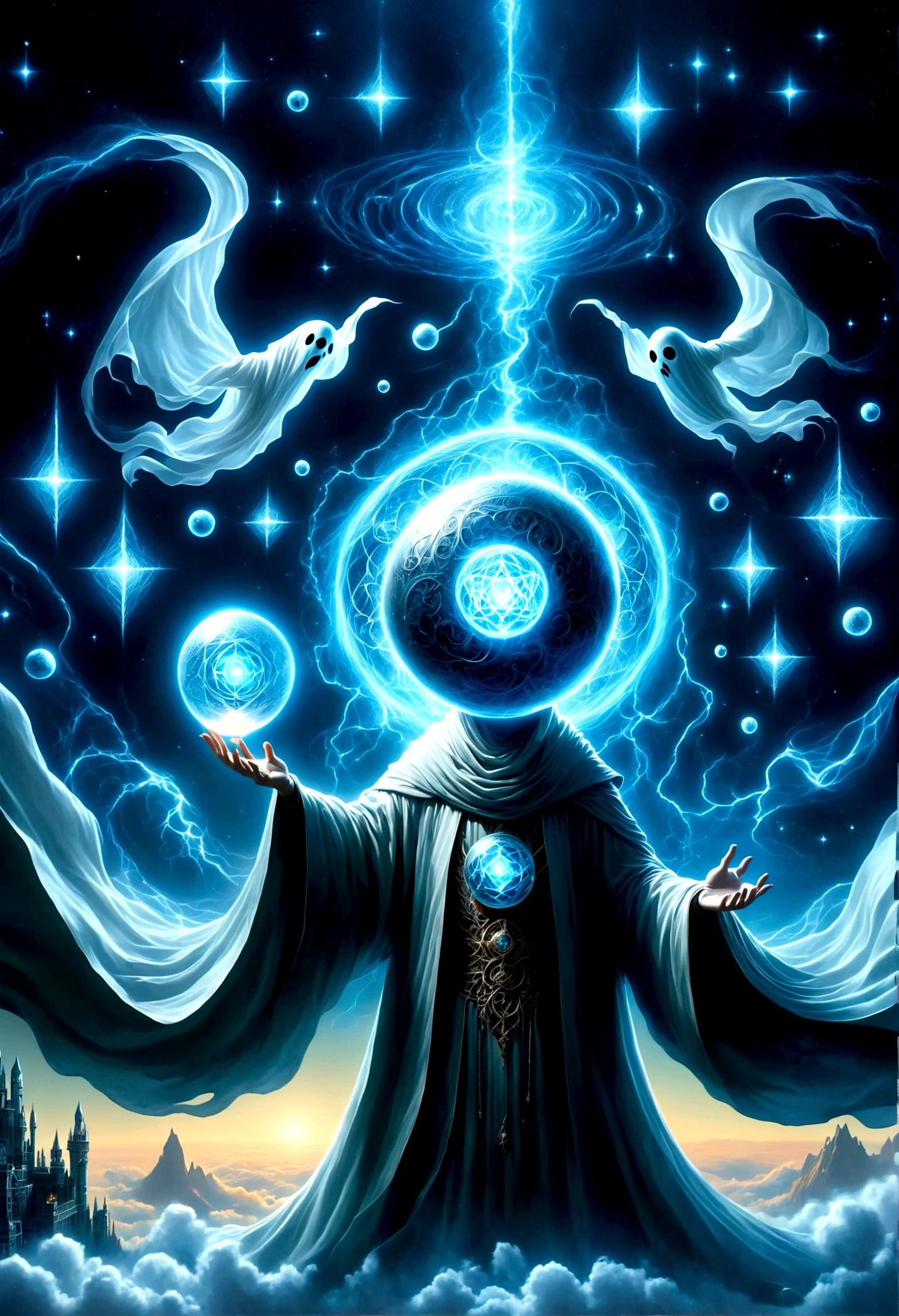 Magic Dream Castle, Sacred geometry, Be focused, (Floating Ghost Mage, Holding a magic ball in hand:1.5),Heaven and earth collapsed, Mobius strip, Black Hole, Lots of meteorites floating, Combination Magic Circle, call, Transformation of matter and immateriality, Who Dick, and other complex ritual combinations , Mike Winkelmann style的超现实数字艺术, 罗尔夫·阿姆斯特朗style: Fractal, Alberto Vargas, 和 H'style.R. liver. liver,Magical Realism,classical realism,Surrealism,imagination,Science fiction,From another realm,impossible,Visual exaggeration,Post-cyberpunk,Nano punk,Atomic Punch,collect,Circuit,lightpainting,白羊seat,♈︎,金牛seat,♉︎,双子seat. ♊︎,cancer,♋︎,天蝎seat,♏︎,天秤seat,♎︎,seat,♍︎,狮子seat,♌︎,射手seat,♐︎. 摩羯seat,♑︎,水瓶seat,♒︎,双鱼seat,♓︎,Unreal Engine,Octane RendeRing,V-Ray,High Detail,high quality,high resolution,Surrealism,16K,Ultra wide angle,High Angle Shot,,Bioluminescence,