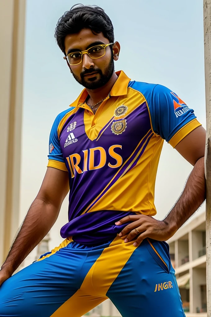 Base model of a handsome indian man, homoerotic, masterpiece, , handsome face, posing for photo shoot, ultra HD, 16k resolution, handsome face, beautiful eyes, messy hair, he is a cricket player, (wearing indian cricket team Jersey), penis