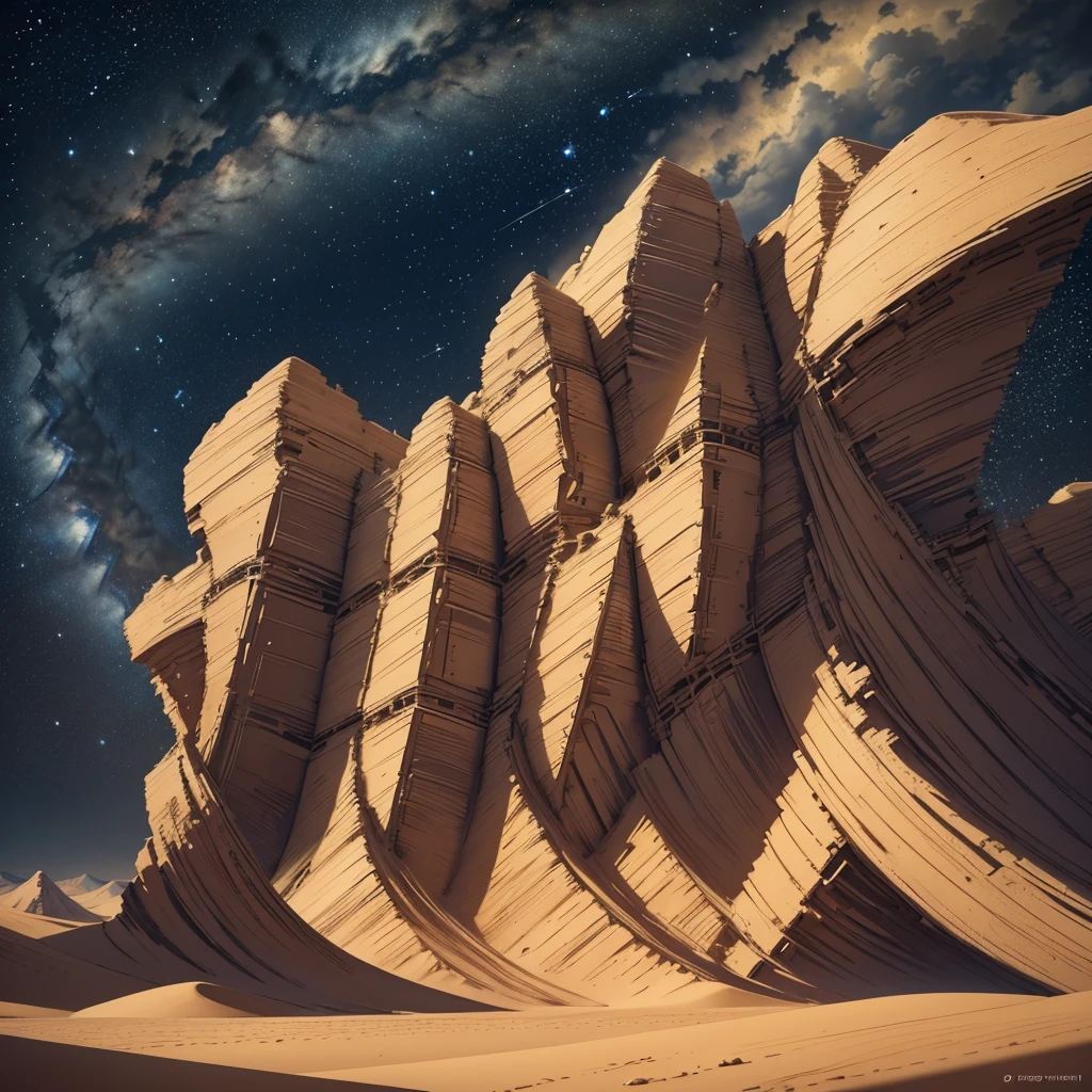 A vast landscape of a huge desert, in the foreground we have large and beautiful sand dunes, the sand is too fine, The colors of this sand are warm and earthy colors, It gives the impression that they move in a zig zag pattern in the wind., In the background, you can see huge mountains that combine with the image and the third plane is a beautiful night sky where you can see constellations of stars that shine in multiple colors, generating an atmosphere of something never before seen by humans., from another world. ((high quality)) ((Masterpiece)) ((Photography)) ((high resolution)) ((HD))