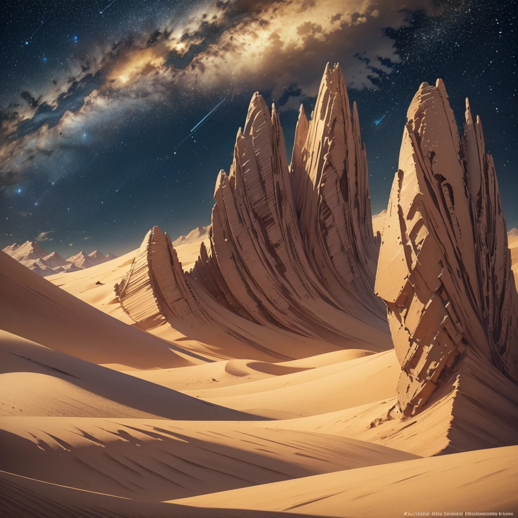 A vast landscape of a huge desert, in the foreground we have large and beautiful sand dunes, the sand is too fine, The colors of this sand are warm and earthy colors, It gives the impression that they move in a zig zag pattern in the wind., In the background, you can see huge mountains that combine with the image and the third plane is a beautiful night sky where you can see constellations of stars that shine in multiple colors, generating an atmosphere of something never before seen by humans., from another world. ((high quality)) ((Masterpiece)) ((Photography)) ((high resolution)) ((HD))