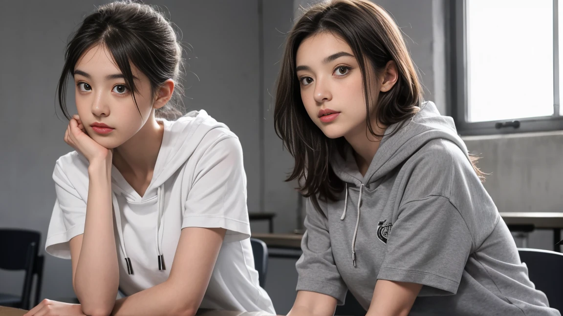deux femmes ensemble de 18 ans sexy et mince , gray short sleeve hoodie , salle de classe, se touche,position sey,sensuel