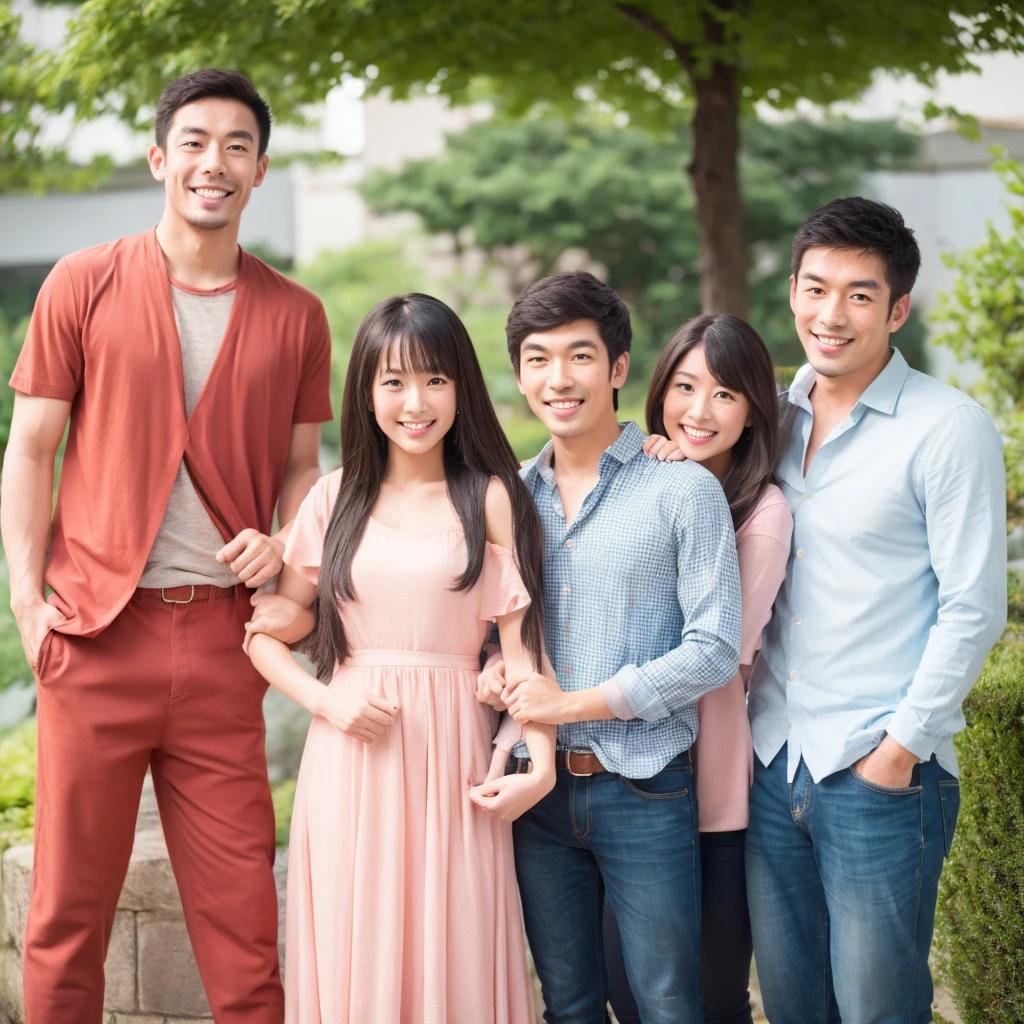 A beautiful Asian woman stands with an Asian girl and an Asian handsome man,hapiness,Smile,Professional photography。