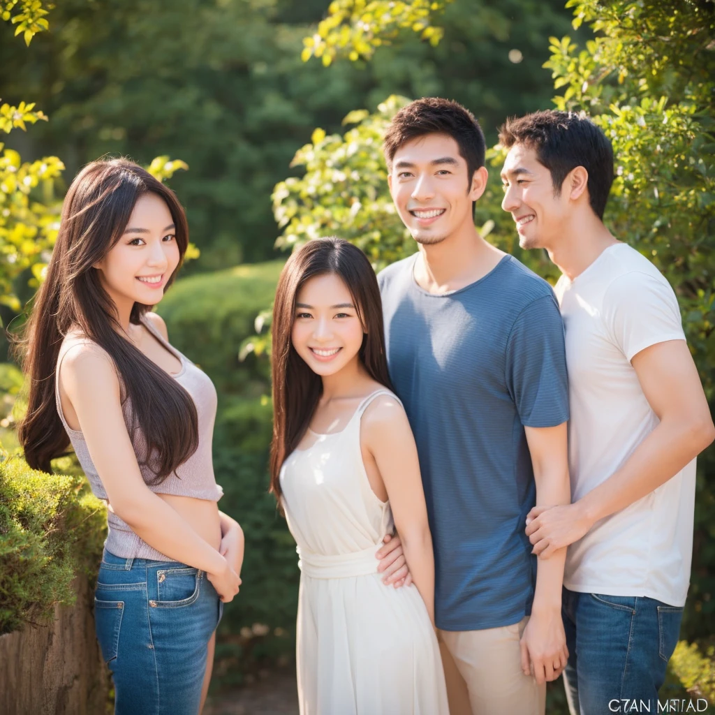 A beautiful Asian woman stands with an Asian girl and an Asian handsome man，hapiness，Smile，Professional photography。