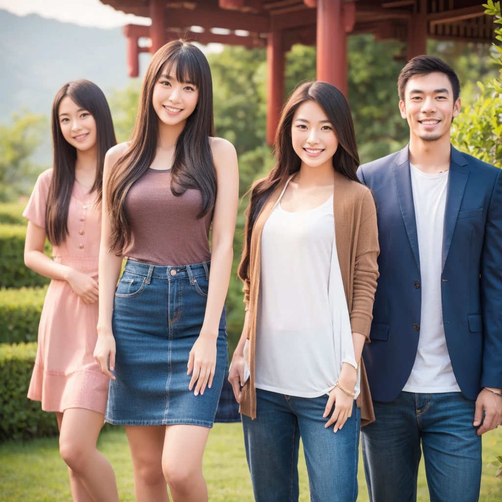 A beautiful Asian woman stands with an Asian girl and an Asian handsome man,hapiness,Smile,Professional photography。
