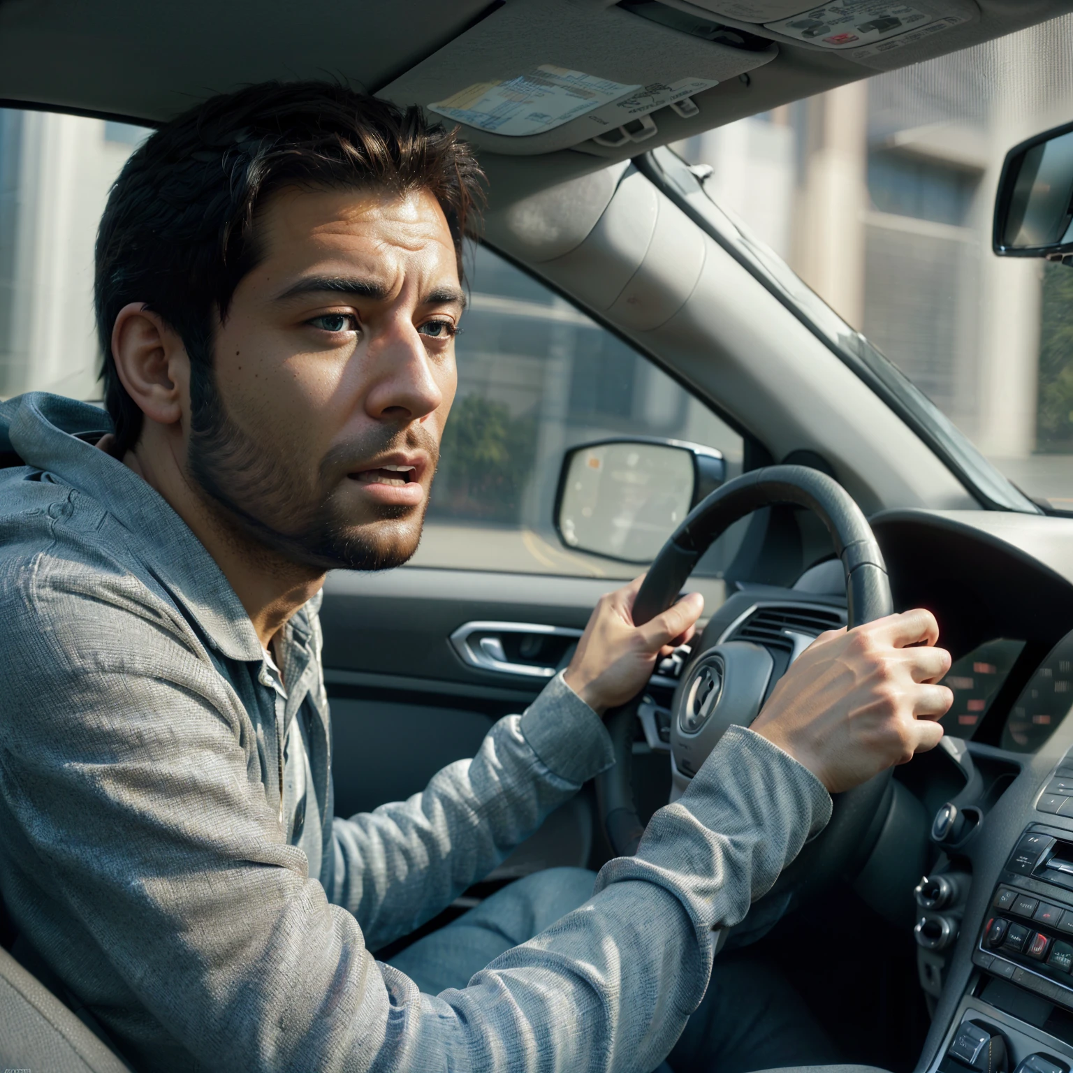 arafed man Driving a car with a surprised look on his face, Hyperrealistic digital art, Hyperrealistic digital art, hyperrealistic 3D digital art, hyperrealistic 3D digital art., Hyperrealistic digital painting, Very realistic digital art, Hyperrealistic digital painting, Hyperrealistic CGI, Hyperrealistic CG, Highly realistic digital art, ultrarealistic digital art, Driving