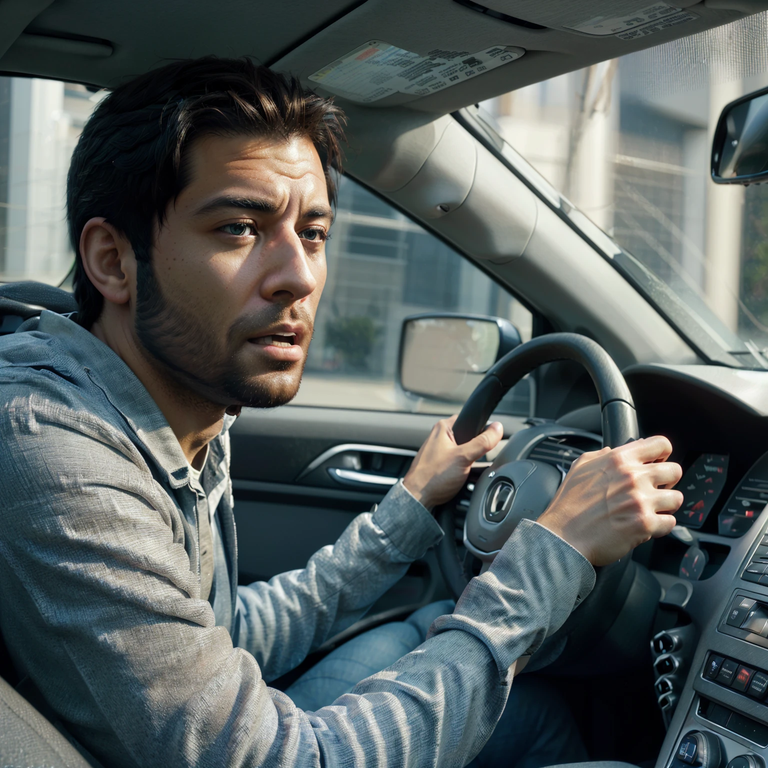 arafed man Driving a car with a surprised look on his face, Hyperrealistic digital art, Hyperrealistic digital art, hyperrealistic 3D digital art, hyperrealistic 3D digital art., Hyperrealistic digital painting, Very realistic digital art, Hyperrealistic digital painting, Hyperrealistic CGI, Hyperrealistic CG, Highly realistic digital art, ultrarealistic digital art, Driving