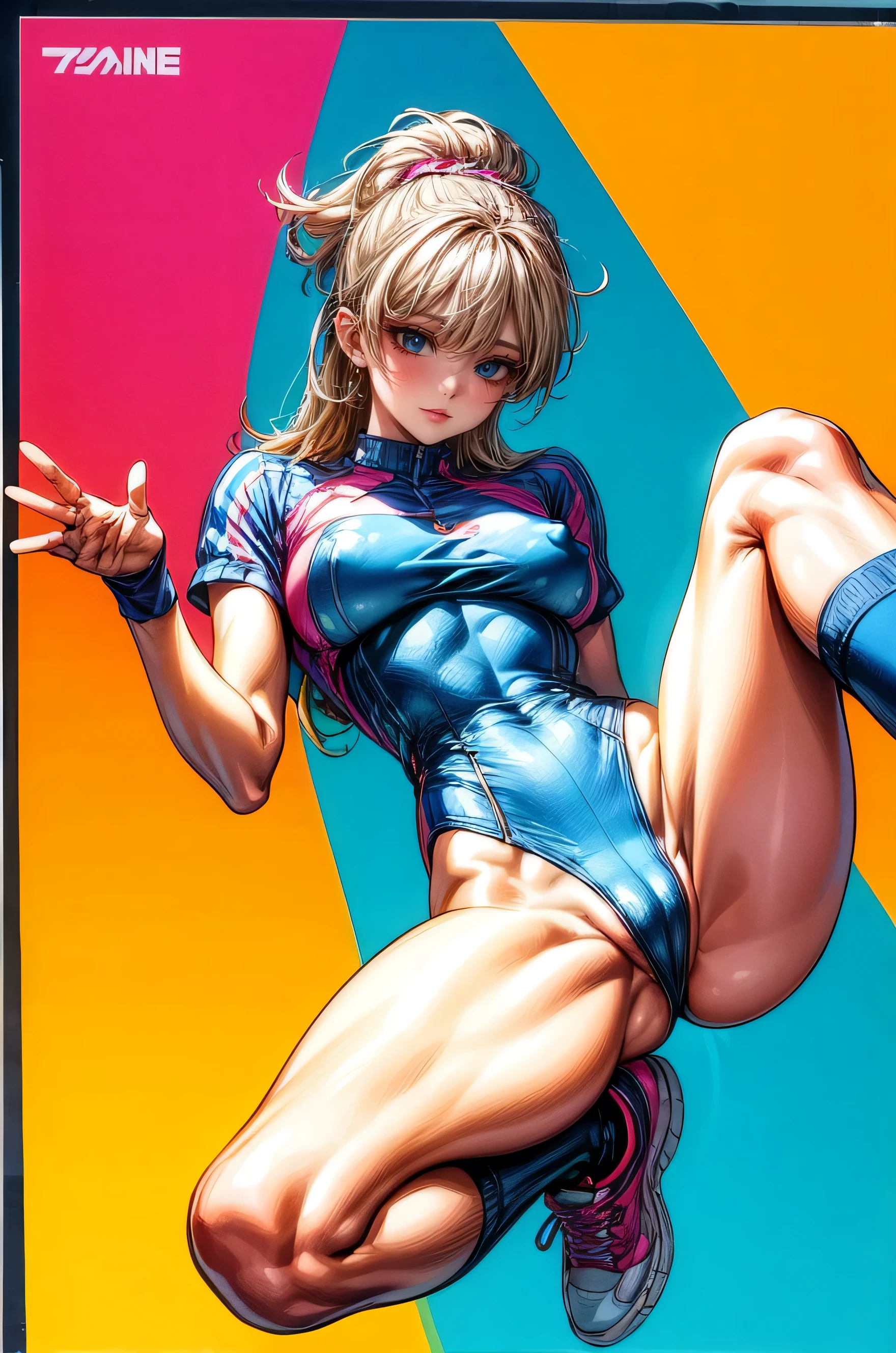 80s aerobics style、High leg leotard、Colored tights、loose socks、sneakers、Detailed picture、girl、25-year-old woman、Dynamic and lively pose、Crotch line、Erect nipples