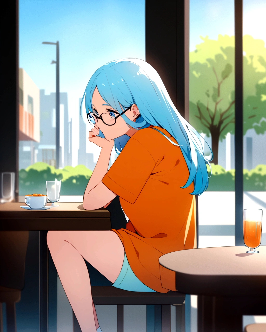 Create an anime-style illustration of a young girl with long, light blue hair wearing glasses. She is sitting at an outdoor café, lost in thought, with her head resting on her hand. The girl is wearing an oversized orange t-shirt and shorts. The background shows the café's glass windows, a table with a cup, and some urban scenery including buildings and trees. The color palette should predominantly feature soft pastel colors, with a focus on light blues, oranges, and whites. The overall atmosphere should feel calm and reflective.