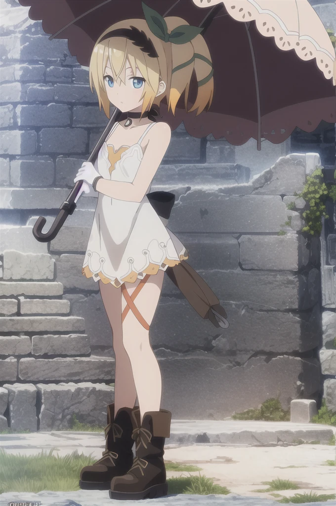 ((masterpiece)),((Highest quality)),Very detailed,Raise awareness,Explicit,beautiful body,beautiful Nose,beautiful character design,Perfect Eyes,Perfect Face,wallpaper,Ultra-high resolution,4K,photograph,(beautiful,Small breasts:1.2),(beautiful顔:1.2),beautiful足,Perfect Legs,Shiny skin,Official Style,Browsing Caution,Official Art,Create a screen capture,Anime Coloring,
One Girl,alone,umbrella,blonde,short hair,choker,Side Ponytail,ribbon,blue eyes,black choker,gloves,leg ribbon,片手gloves,hair band,whole body,hair ribbon,dress,View your audience,tress ribbon,boots,Are standing,white dress,skirt,clavicle,Beach,Outdoor,Day,