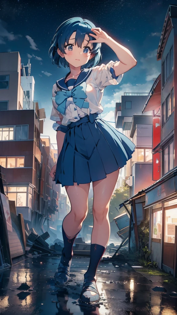 Anime style beauty masterpiece Unreal Engine precision cute girl Giant girl (Ami Mizuno in skyscraper) Short blue hair Sailor Mercury uniform ((Aerial view)) Flood Heavy rain Torrential rain Cloudy sky Dark sky Collapsed building Destroyed ((Destroyed buildings) )) ((Destroyed cars)) ((Pile of rubble)) Giant girl on the road of a big city in the 90s Uniform Sneakers ((Cloudy sky)) Female giant Giant girl's whole body Destroyed skyscrapers, destroyed cars, crowd Unreal Engine,



