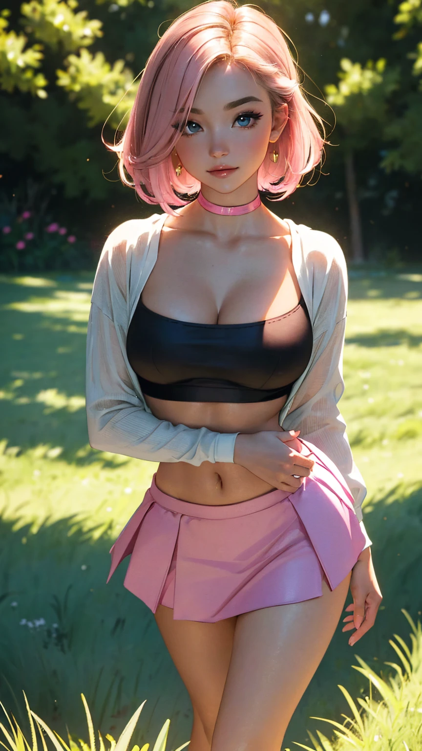 Highest Quality, ​masterpiece, beautifully detailed eyes,, short Blonde Hair, Gradient Hair, pink highlights in hair, large breasts, standing, makeup, glossy lips, full lips, (natural lighting), grass, small top, light smile, midriff, collarbone, thigh highs, miniskirt, cleavage, large breasts