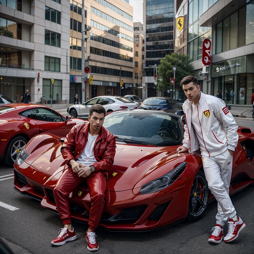 A man with a red jacket and sneakers, near a Ferrari car