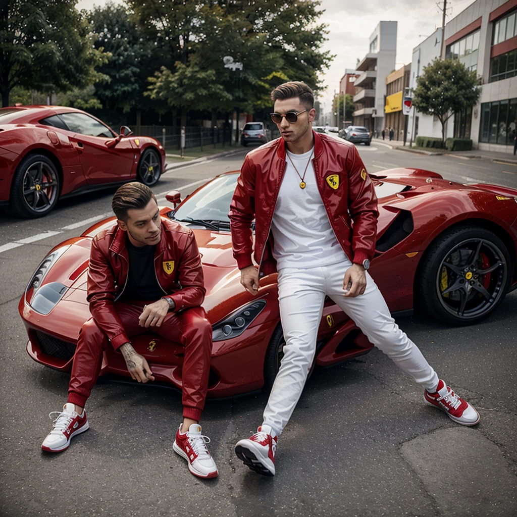A man with a red jacket and sneakers, near a Ferrari car