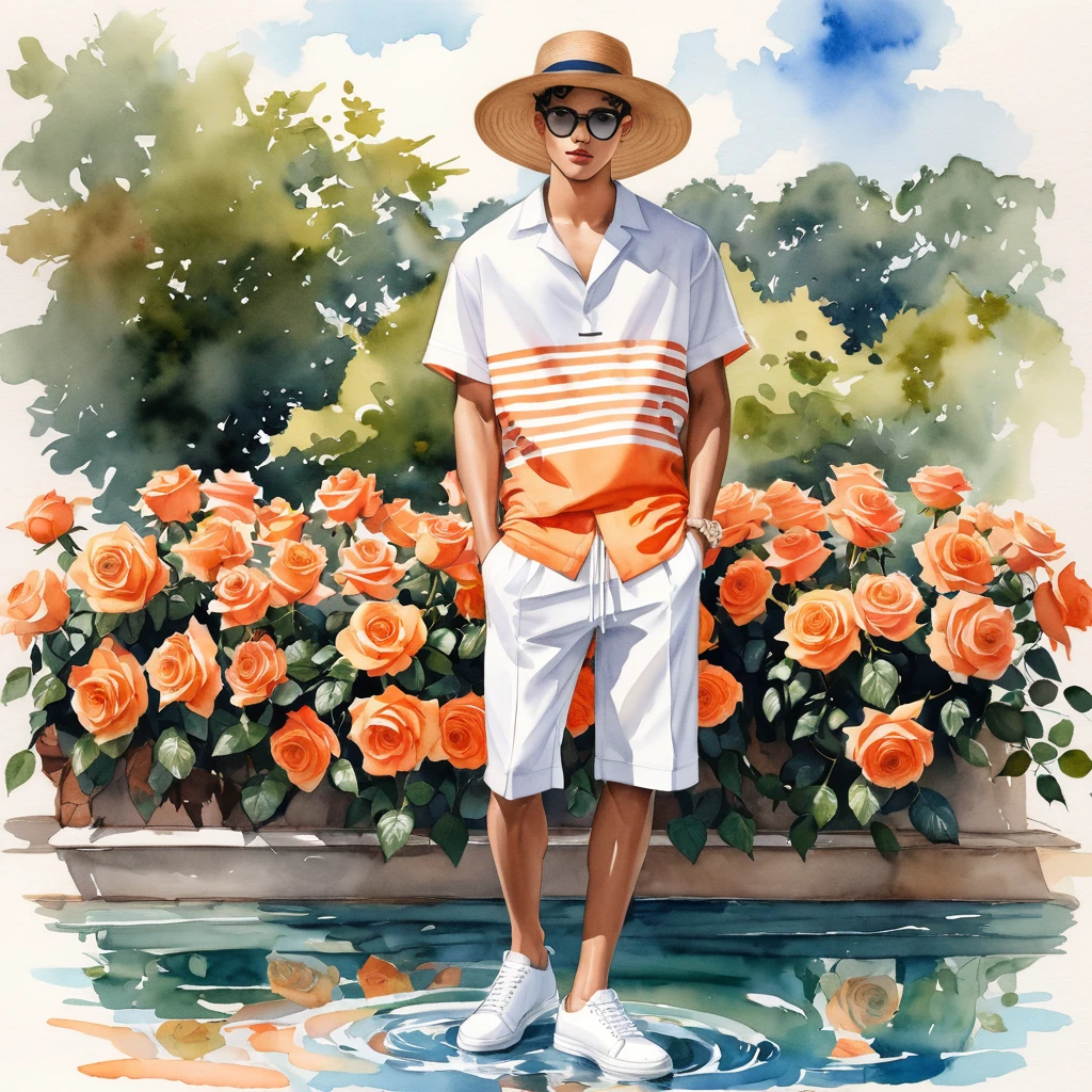 candid fashion illustration of young Mixed race 2man, both aged 18-23 year old, ((showcase fashion look book in Orange and White linen outfits)), the design inspired by David Austin Rose, in elegant chic style. The man wears an oversized short-sleeved shirt with a minimal rose embroidery details, paired with relaxed-fit white Short with Drawstring, He completes his look with white sneakers and round glasses. The boyfriend complements him in a skinny fitted speedo in a stripe pattern, semi bulge, He resemble includes an accessorizes with a brimmed straw hat and white sneakers, Captured in a low angle, ((full-body image)), ((roses drawing in water color in background)), fashion sketching, realistic drawing, ((imperfect water color drawing)), fashion look book, fashion illustrator, fashion sketch design, gay, gay couple,