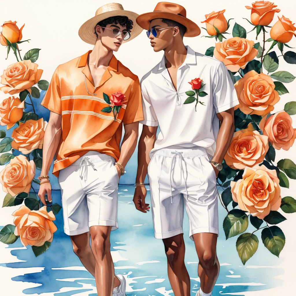 candid fashion illustration of young Mixed race 2man, both aged 18-23 year old, ((showcase fashion look book in Orange and White linen outfits)), the design inspired by David Austin Rose, in elegant chic style. The man wears an oversized short-sleeved shirt with a minimal rose embroidery details, paired with relaxed-fit white Short with Drawstring, He completes his look with white sneakers and round glasses. The boyfriend complements him in a skinny fitted speedo in a stripe pattern, semi bulge, He resemble includes an accessorizes with a brimmed straw hat and white sneakers, Captured in a low angle, ((full-body image)), ((roses drawing in water color in background)), fashion sketching, realistic drawing, ((imperfect water color drawing)), fashion look book, fashion illustrator, fashion sketch design, gay, gay couple,