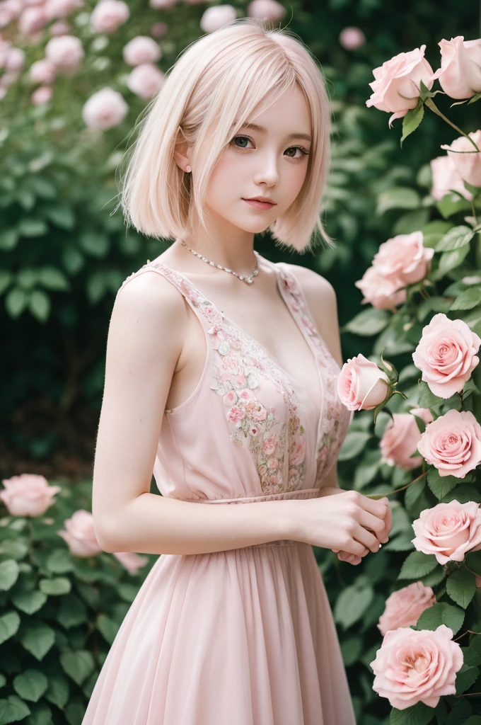 8K, RAW Photos, Fujifilm, Avril-like style photo of a beautiful young woman in a garden of pale pink roses (Highly detailed skin: 1.2) Style Petal Break Short Hair, Blonde and colored hair, Wearing a dress, Film Granulation, 35mm, Cute Style