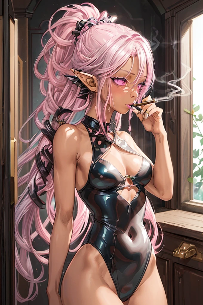 (solo:2, black skin 1000 yo cool elf woman, Dreadlocks:1.4 pink hair long hair, sexy silver eyes, smoking Cigarette in mouth, glossy lips, serious face, blushing), (in a detailed sexy Cross string swimsuit), break, in the castle Dressing room, BREAK, perfect anatomy, masterpiece, best quality, 16k, beautiful detailed grow, daydreaming expression.