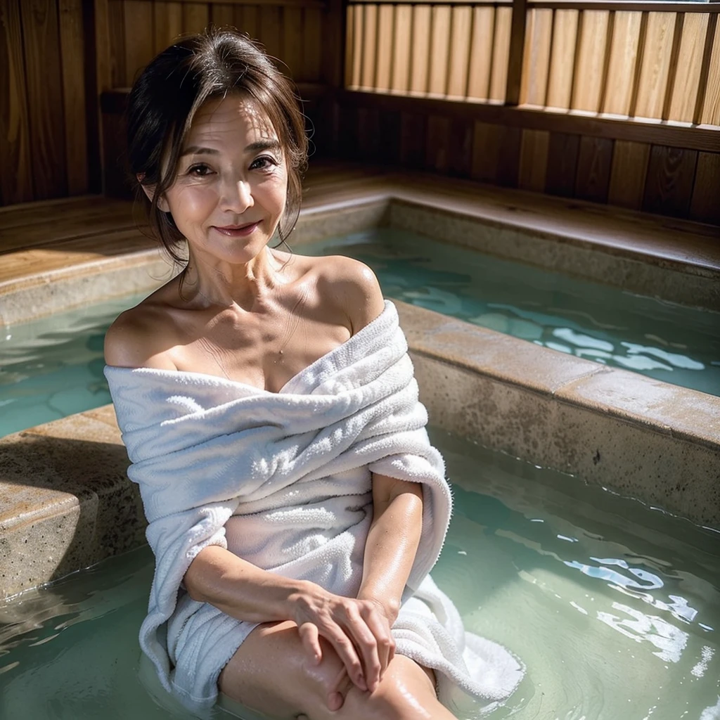 (masterpiece:1.4),(60-year-old woman:1.5),(facial wrinkles :1.2),gentle smile, (mid-length hair : 1.1), (wearing only white towel), (off-shoulder), soaking in a hot springs, soaking in a wooden bathtub, traditional japanese scene, detailed background, beautiful scenery, outside