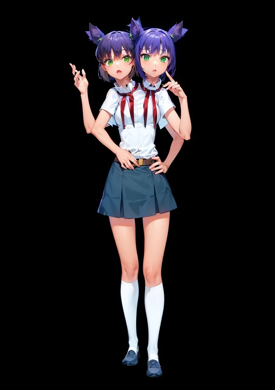 Best quality, (connected_dicephaly:1.1), (2 heads:1.4), 1 girl, one girl, black dress, White running shoes, Brown hair, green eyes, cat ears, two heads.