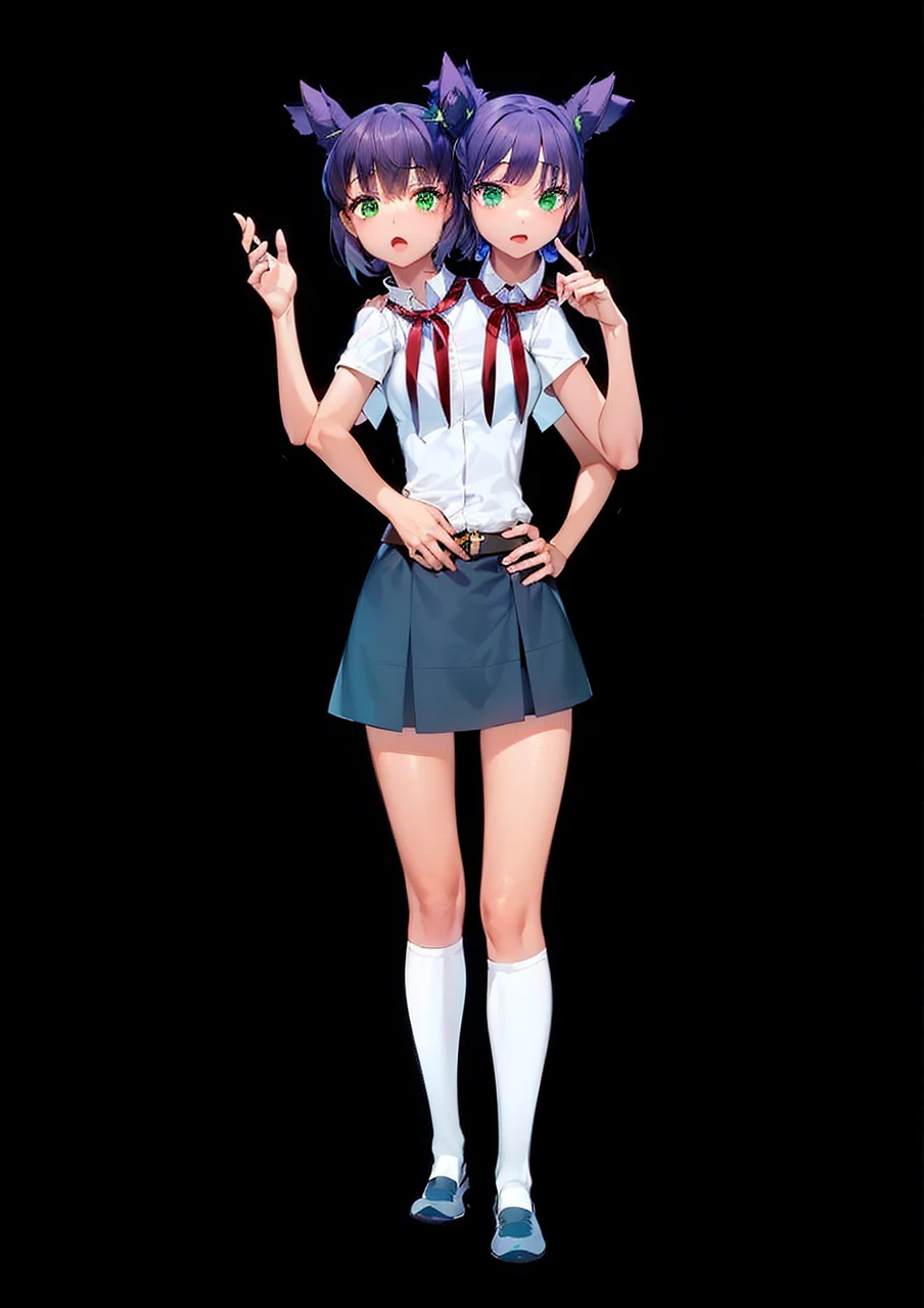 Best quality, (connected_dicephaly:1.1), (2 heads:1.4), 1 girl, one girl, black dress, White running shoes, Brown hair, green eyes, cat ears, two heads.