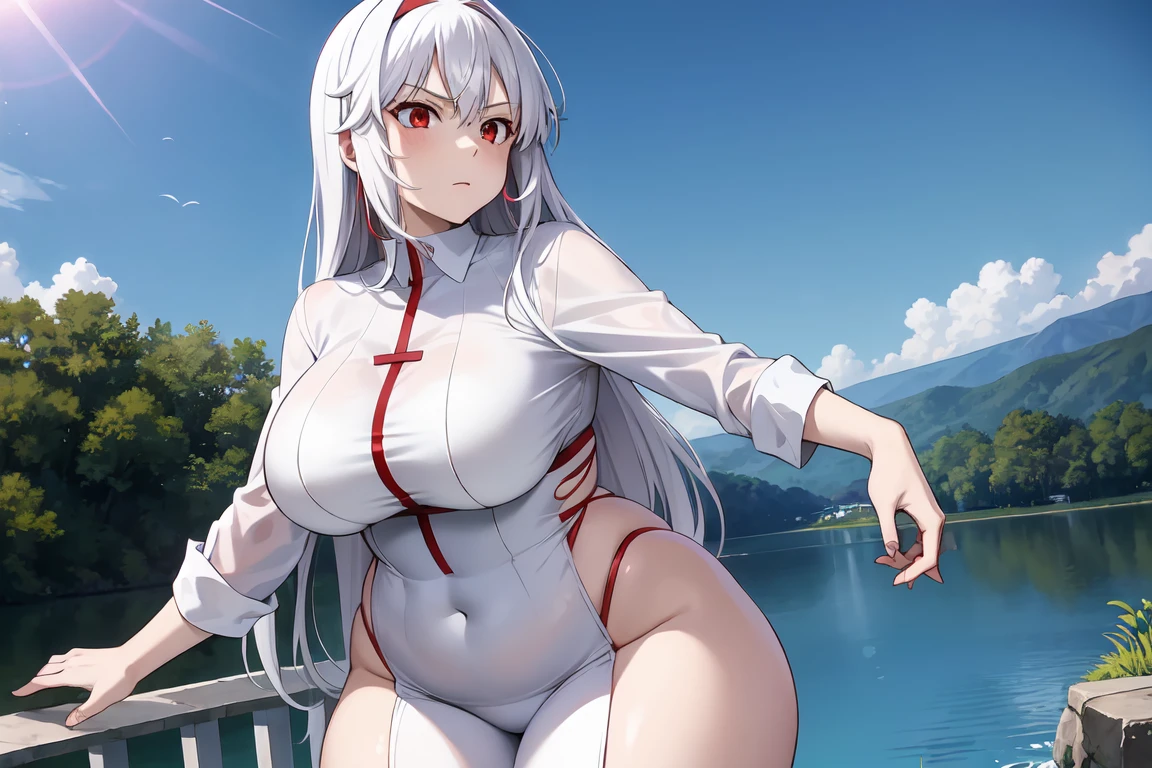 red eyes, accelerator (toaru majutsu no index), white hair, shirt, girl:1.3, massive breasts, wide hips, outdoors, lake, upper body, torn clothes