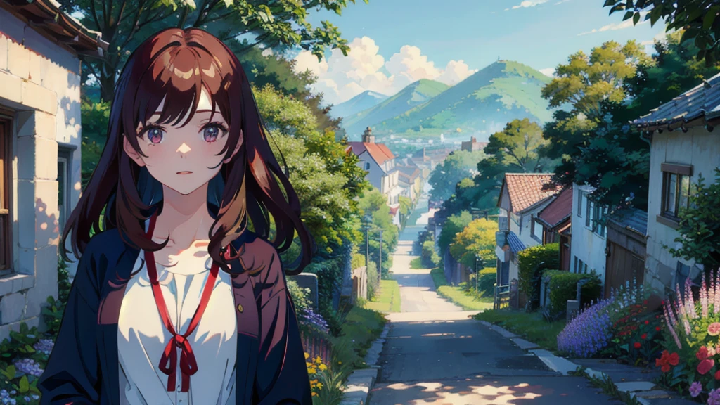 masterpiece,Highest quality,One Girl,The hair color is brown，Kind eyes，Gradient Hair,countryside,Cityscape,sunlight,Flowers and plants,blue sky,scenery,afternoon,Light Perception,Soft sunlight,