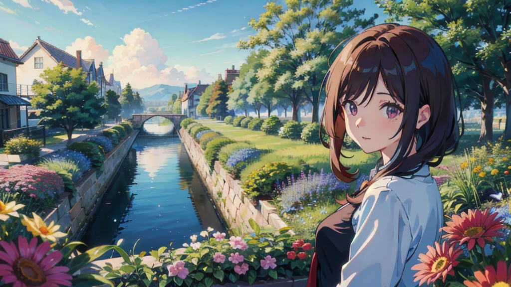 masterpiece,Highest quality,One Girl,The hair color is brown,Kind eyes,Gradient Hair,countryside,Cityscape,sunlight,Flowers and plants,blue sky,scenery,afternoon,Light Perception,Soft sunlight,