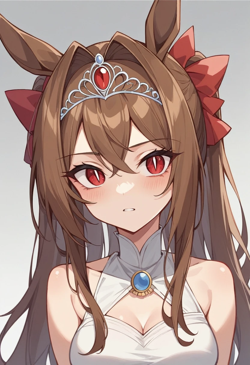((masterpiece、highest quality))、1 girl、Daiwa Scarlet、horse ear、Horse Girl、brown hair、long_hair、twin tails、red_eyes、Pupil of the slit、tiara、very_long_hair、hair_intakes,(((NSFW))),(((A big one penis  1 girl in the crotch))),gigantic breasts, cleavage,hands on own hips,(((red bikini swimwear shift)))
