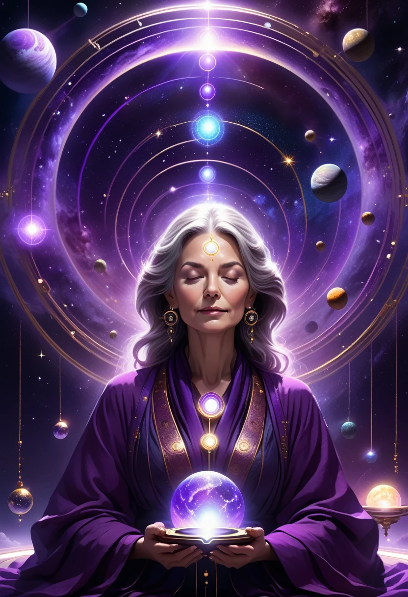 correct anatomy: 1.5, a beautiful mature female astrologer in a deep purple hooded robe, eyes closed in meditation, in a dimly lit room, mechanical, cyberpunk