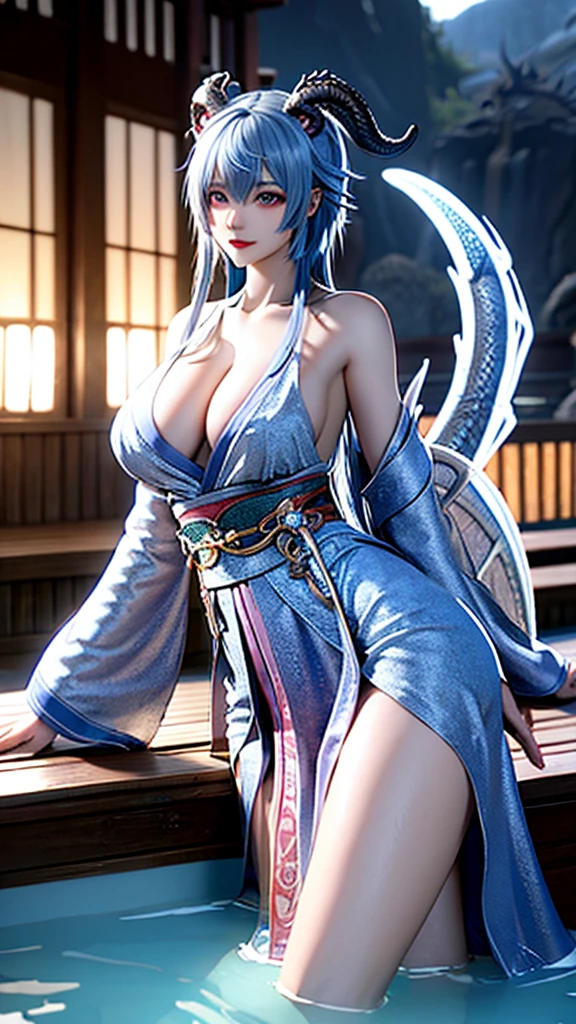 Girl, fine eyes (indigo 1:0), long hair (silver 1:0), big breasts, top of head (dragon horns 1:1), 8k, thin waist, dragon wings growing from behind, (silver dragon wings) hips ( Dragon tail), extreme detail, increased detail, upper body, pool (hot spring treatment), front light, cinematic lighting, blurred background, kimono, cleavage,