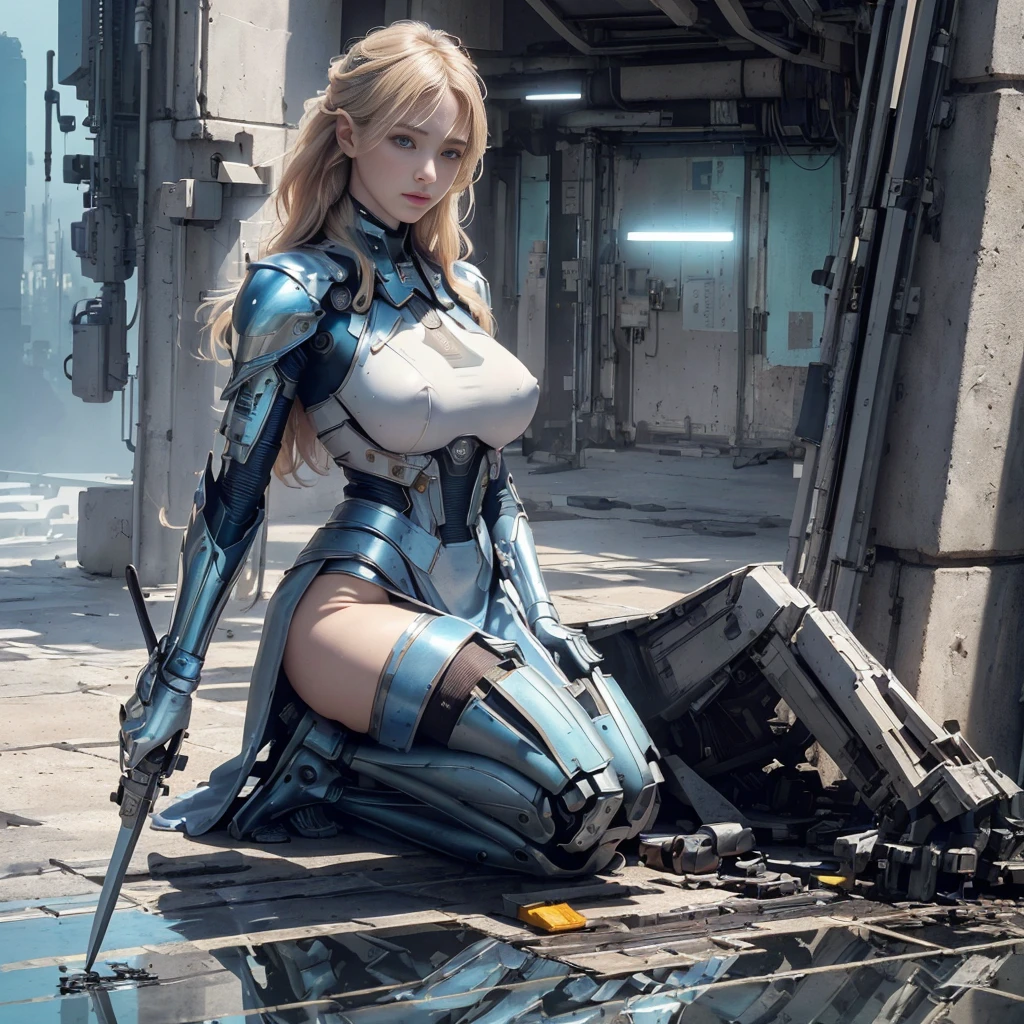 NSFW, Masterpiece, Best Quality, Cinema, Official Art, Propaganda Art, Cinema Wallpaper, Very Detailed CG Unified 4k Wallpaper, Intricate Details, White Background, Upper Body, Facial Focus, Concept Art, Production Art, ( , highres, (realistic, photo-realistic:1.2), physically-based rendering, machinery, reflection, realistic, cyberpunk, symmetric front view close up head shot eyes symmetry face very sharp focus realistic award winning matte drawing movie light 1 boy, mecha, (Illustration: 1.1), slender, big breasts, fair skin, delicate face, empire-waist dress robe, shine, tights, cobalt blue(long blonde hair), green eyes, battlefield, chip, shine, long sword