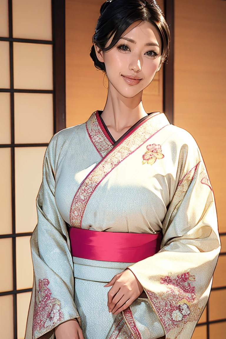 (Highest quality、Tabletop、8K、Best image quality、Award-winning works)、(1 Beautiful Mature Woman:1.1)、(Innkeeper:1.1)、(Elegant white floral kimono:1.2)、(A kimono with a perfect and accurate collar:1.2)、Perfect Mature Woman Portrait Photo、Glowing Skin、Standing Elegantly、(Blurred elegant and elaborate perfect Japanese style room background:1.3)、(The most natural and perfect tidy Japanese-style room background:1.2)、(Elegant and luxurious Japanese style room background:1.1)、Glowing White Skin、Very white skin、(Accentuate your body lines:1.1)、(The most elegant posture:1.2)、(Large Breasts:1.2)、(Chignon:1.2)、(Voluptuous body:1.2)、(Accurate anatomy:1.4)、(A smile staring at me:1.3)、(Stand classy:1.3)