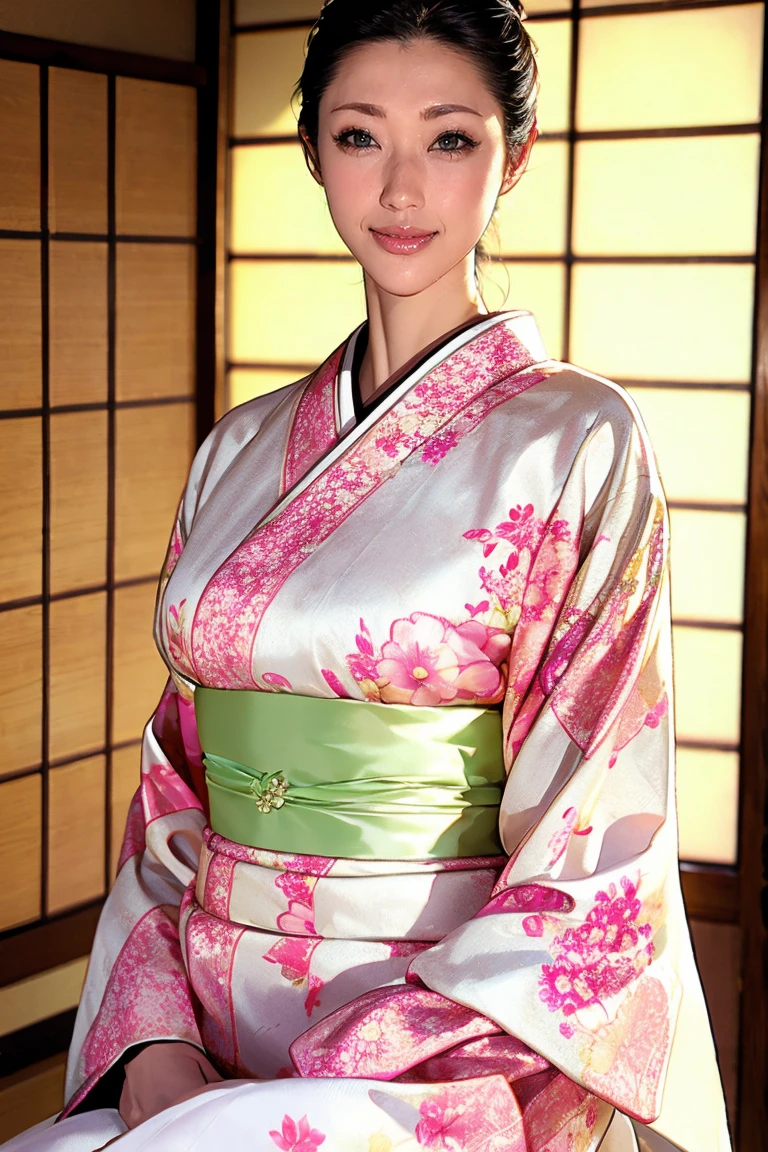 (Highest quality、Tabletop、8K、Best image quality、Award-winning works)、(1 Beautiful Mature Woman:1.1)、(Innkeeper:1.1)、(Elegant white floral kimono:1.2)、(A kimono with a perfect and accurate collar:1.2)、Perfect Mature Woman Portrait Photo、Glowing Skin、Standing Elegantly、(Blurred elegant and elaborate perfect Japanese style room background:1.3)、(The most natural and perfect tidy Japanese-style room background:1.2)、(Elegant and luxurious Japanese style room background:1.1)、Glowing White Skin、Very white skin、(Accentuate your body lines:1.1)、(The most elegant posture:1.2)、(Large Breasts:1.2)、(Chignon:1.2)、(Voluptuous body:1.2)、(Accurate anatomy:1.4)、(A smile staring at me:1.3)、(Stand classy:1.3)