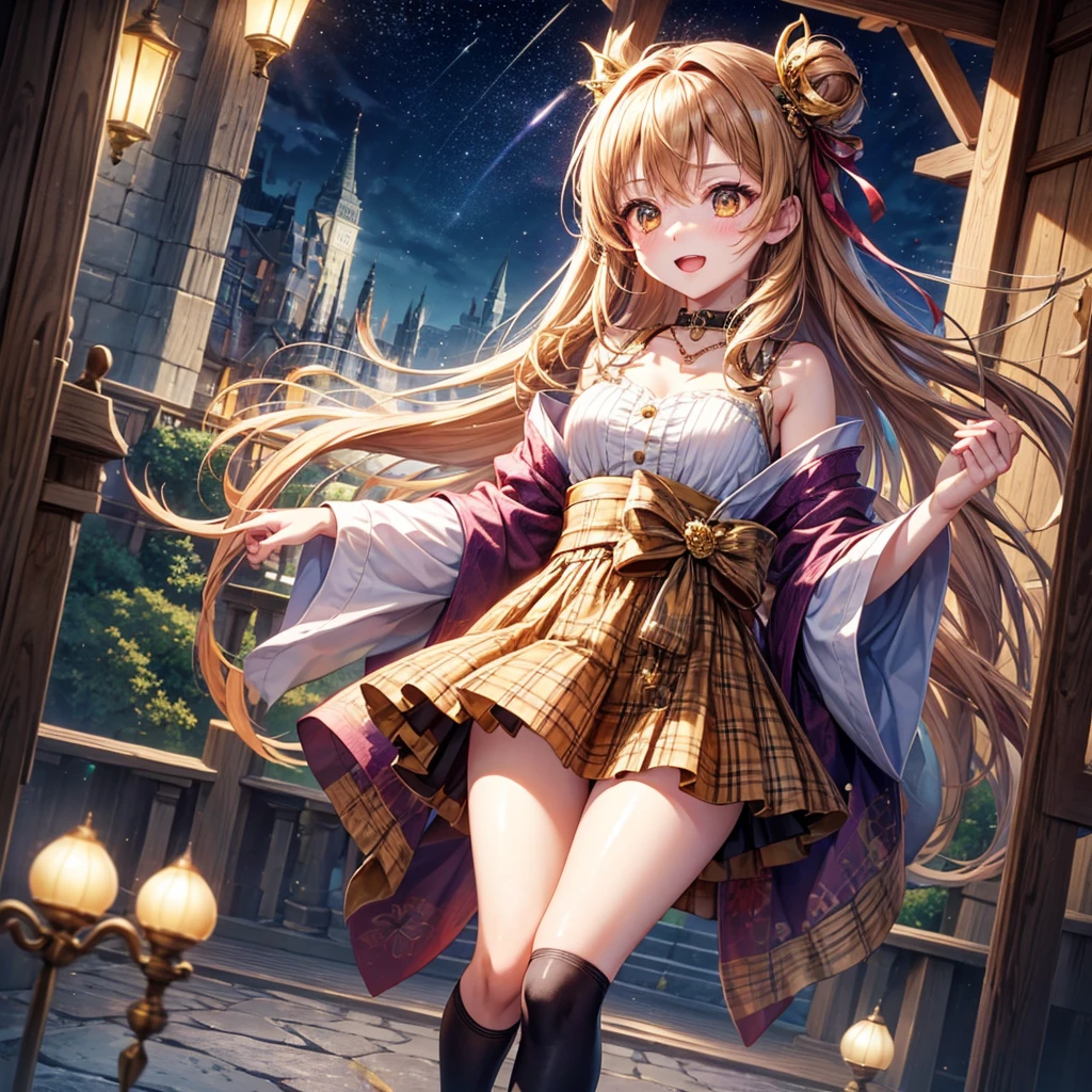 Red, brown, gold, gold hair、Golden Eyes、Hair tied up、One good looking girl、solo、anime、Checkered mini skirt、Ruffles on the skirt、Checked dress、blouse、Kimono、Black knee-high socks、Ribbon、Ribbon on waist、Teeth are visible、Sparkly Necklace、From above、Cobblestones、waterfall、Starry Sky、Midnight Moon、suspension bridge、beam、Standing still、Transparent、Dragon flying、goddess、Edo,