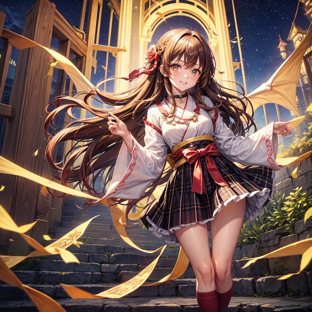 Red, brown, gold, gold hair、Golden Eyes、Hair tied up、One good looking girl、solo、anime、Checkered mini skirt、Ruffles on the skirt、Checked dress、blouse、Kimono、Black knee-high socks、Ribbon、Ribbon on waist、Teeth are visible、Sparkly Necklace、From above、Cobblestones、waterfall、Starry Sky、Midnight Moon、suspension bridge、beam、Standing still、Transparent、Dragon flying、goddess、Edo,